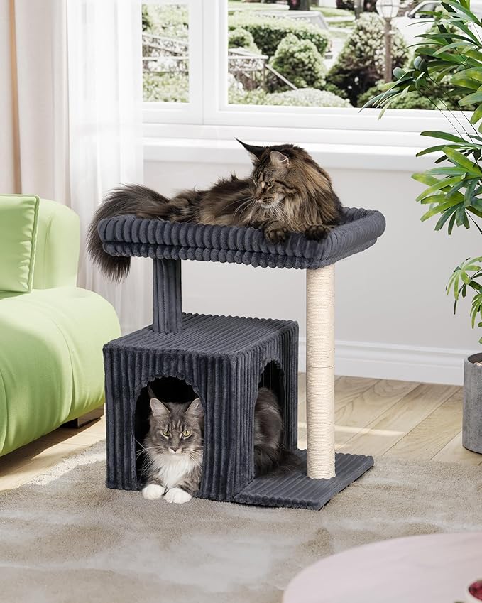 Cat Tree for Large Cat, 22.8” Cat Tower with Scratching Post, 20.9 * 15.7in Perch Bed for Adult Cats, Cat Condo with 2 Caves for Indoor Cats, Dark Gray