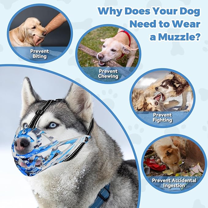 Dog Muzzle for Large Dogs, Breathable Basket Muzzles for Small, Medium and X-Large Aggressive Dog, Allows Panting Drinking, Suitable for Grooming Trimming Training (Camouflage Blue, S)