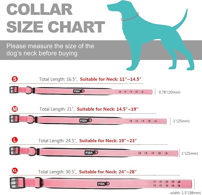 Fida Heavy Duty Dog Collar, Ultra Comfortable Soft Neoprene Padded, Adjustable Reflective Nylon Pet Collar with Durable Metal Belt Buckle for Large Breeds (L, Pink)