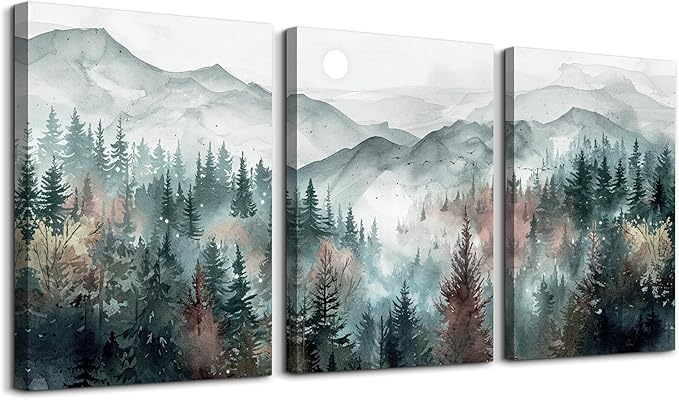 TTHYUEWS Farmhouse Wall Art For Living Room Canvas Wall Decor For Bedroom Wall Pictures for Office Fog Forest Mountain Landscape Watercolour Paintings Artwork Home Decorations Ready To Hang 3 Piece