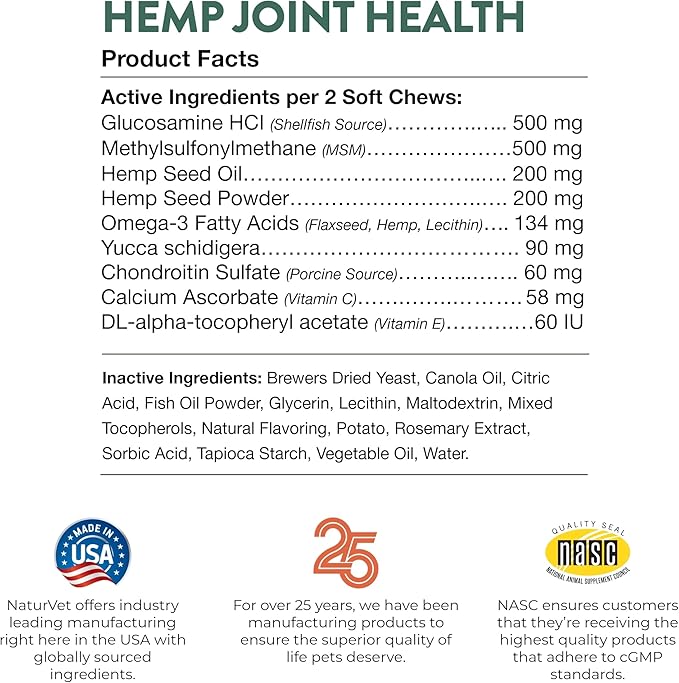 NaturVet Hemp Joint Health, Joint Care Support Supplement for Dogs, Soft Chews, 60ct Made in The USA