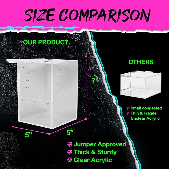 Jumping Spider Enclosure 5"x5"x7" or Tarantula Enclosure - Reptile Terrarium w/Sliding Magnetic Door - Great Reptile Tank & - Acrylic Aquarium Spider Box for Terrestrial or Arboreal Animals