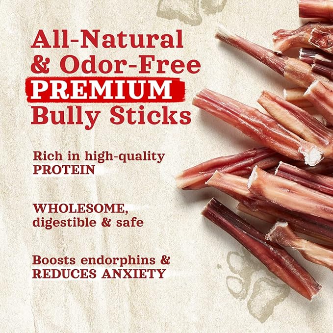 Natural Farm Odor-Free Thin Bully Sticks (4”, 24-Pack) All-Natural Long-Lasting Dog Chews, 100% Beef Pizzle, Grass-Fed, Grain-Free, Protein for Muscle Development & Energy, Perfect for Small Dogs