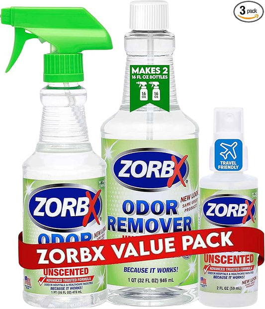ZORBX Unscented Multipurpose Odor Eliminator Value Pack 2 Oz + 16 Oz + 32 Oz - Used in Hospitals & Healthcare Facilities - Advanced Trusted Formula - Perfect Bundle to Get Rid of Unpleasant Odors