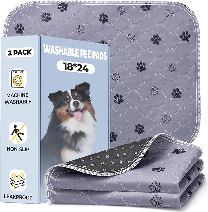 Fostanfly Reusable Puppy Pads, 2 Pack 18"x 24" Washable Pee Pads for Dogs, Absorbent and Leakproof Wee Wee Mat, Waterproof Non Slip Training Mats for Potty, Crate, Playpen, Bed, Sofa