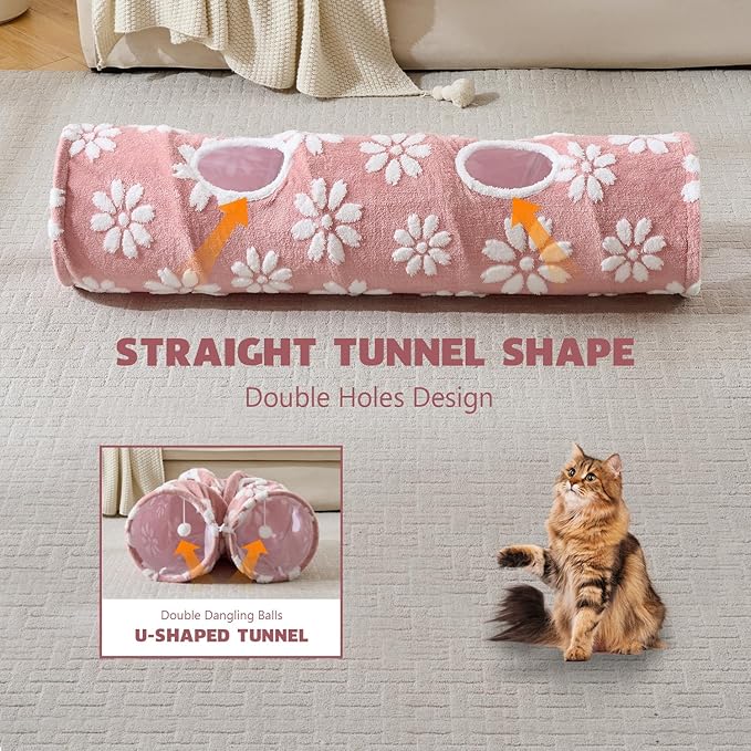 Straight Cat Tunnel for Indoor Cats 47"x12", Cute Cat Toys Collapsible Tunnel Tube with Balls for Puppy Kitten Rabbit, Pink Flower