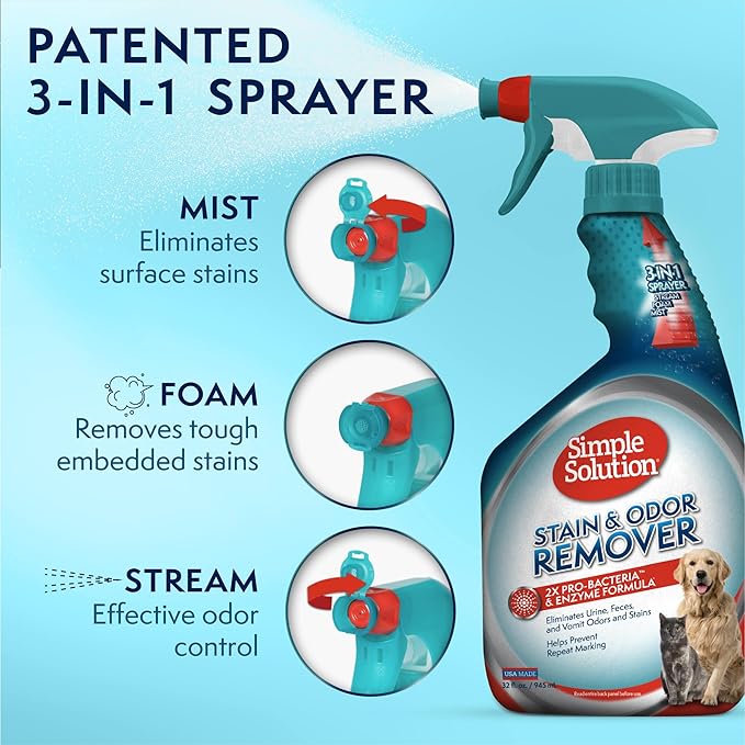 Simple Solution Stain & Odor Eliminator for Pets, Carpet Deodorizer, Enzyme Pet Odor Eliminator for Home, Stain Remover for Cat & Dog Pee, Urine Destroyer, Carpet Cleaner Spray, 32 oz