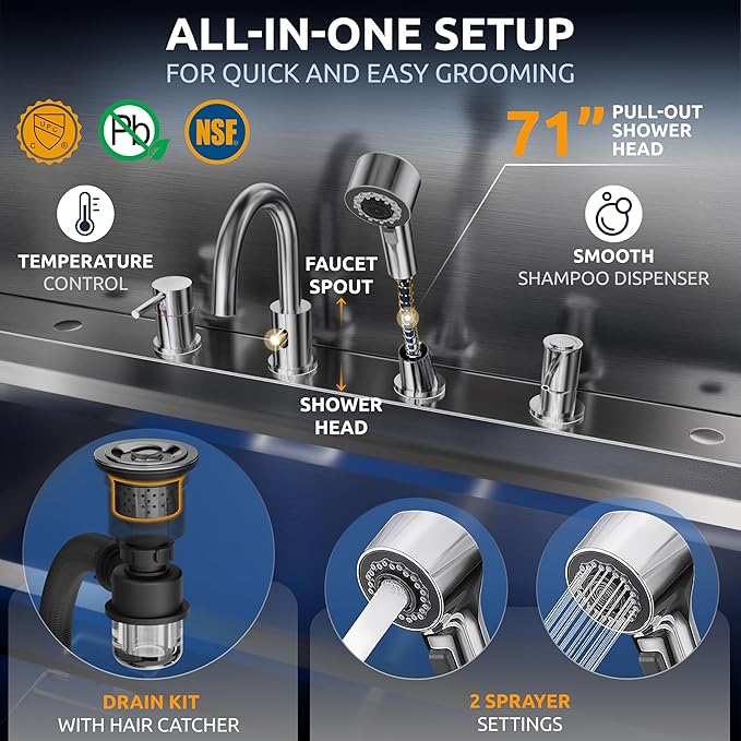 KANIS Professional Dog Washing Station - 304 Stainless Steel Pet Wash Sink & Grooming Bath Tub for Home with Ramp, Shower, Floor Grate, Storage Drawer, Faucet, Drain Kit for Large, Medium & Small Pets