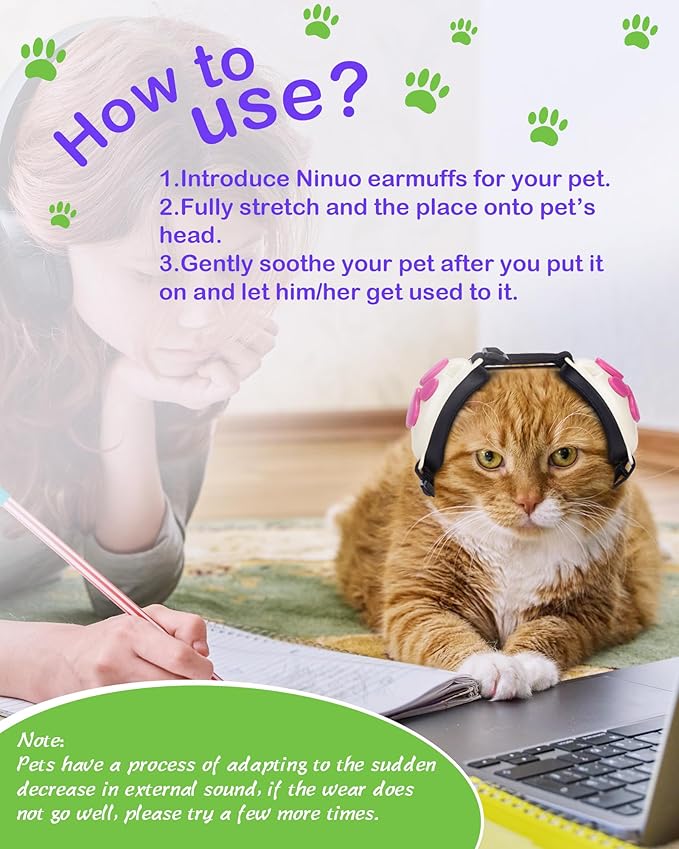 Calming Earmuffs for Cats and Small Dogs - for Anxiety Relief - Noise Canceling for Fireworks, Thunderstorms, Pet Grooming & Force Drying - Dog Ear Muffs Noise Protection (White, Medium)