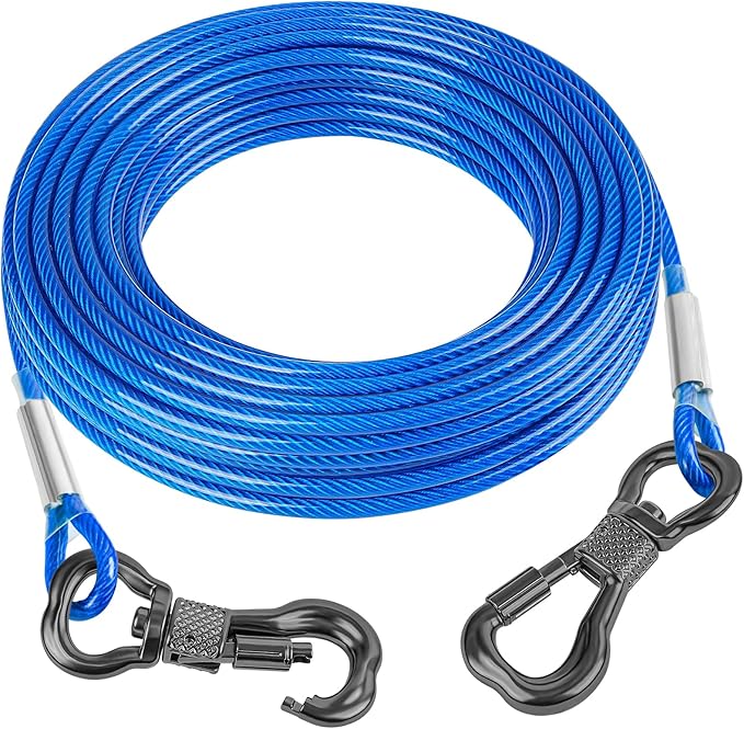 Tresbro 70FT Reflective Tie Out Cable for Dogs Up to 250 Pounds, Steel Wire Lead Leash Cable with Stainless Rotatable Clip, Lightweight and Enduring, Dog Lead Chains for Outside,Yard,Camping, Blue