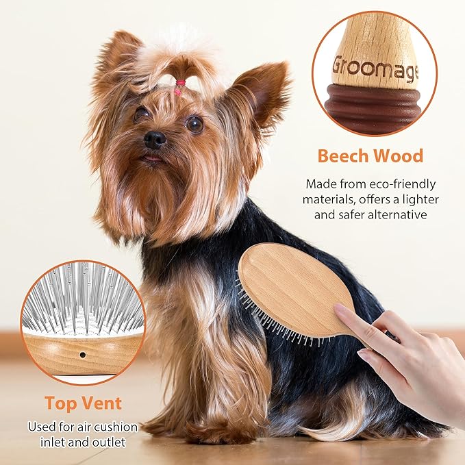 Dog Brush for Long Haired Dogs, 27mm Extra Long Pin Brush for Grooming, Shedding - Beech Wood Material, Non-Slip Rubber Handle, Round-Tipped Pins
