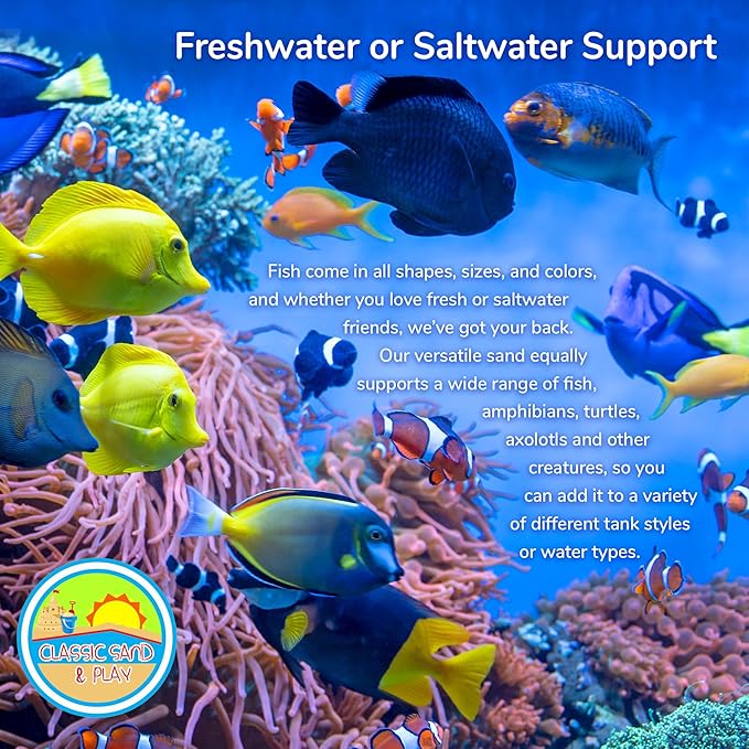 CLASSIC SAND & PLAY Natural Aquarium Sand for Freshwater and Saltwater Tanks, 40 lb. Bag, Improves Filter Life and Filtration Process, Pre-Washed Fine Sand, Yellow