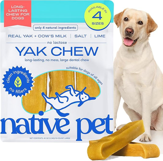 Native Pet Yak Cheese Himalayan Dog Chews - Long Lasting Dental Sticks for Large Breeds – 100% All Natural Himalayan Yak Chews for Large Dogs – Cheese Bone for Aggressive Chewers - 10 Per Pack