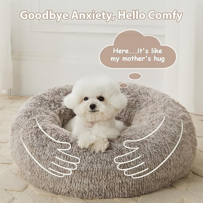 WNPETHOME Calming Dog Bed Cat Bed Donut, Faux Fur Pet Bed Self-Warming Donut Cuddler, Comfortable Round Plush Dog Beds (27 x 27 Inch, Light Coffee)