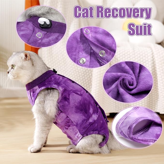 Cat Recovery Suit for Male and Female Surgical Post Surgery Soft Cone Onesie Tie Dye Cats Shirt Clothes Neuter Licking Protective Diapers Outfit Cover Kitten Spay Collar Alternative(Purple, M)