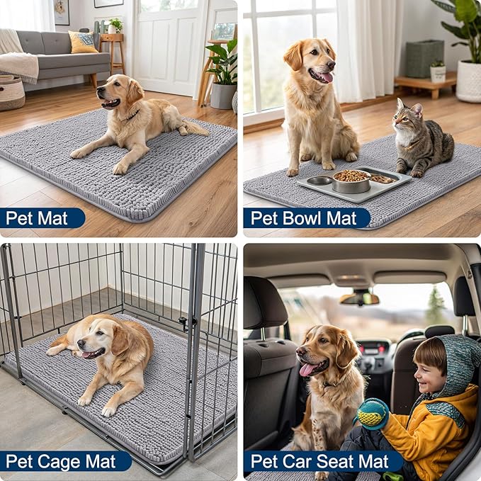 Smiry Dog Door Mat for Muddy Paws 47x24, Absorbs Moisture and Dirt Doormat, Non-Slip Washable Quick Dry Chenille Front Door Mat Indoor Entrance, Entryway Carpet for Inside Floor, Light Grey