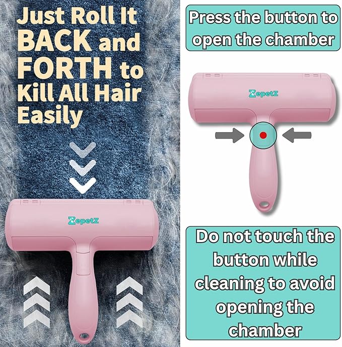 Pet Hair Removal Tool – Reusable Lint Roller for Dogs & Cats – Self-Cleaning Fur Remover Brush – Ergonomic Lint Roller for Carpet, Bedding, Couch, Car Seat & More (Pink)