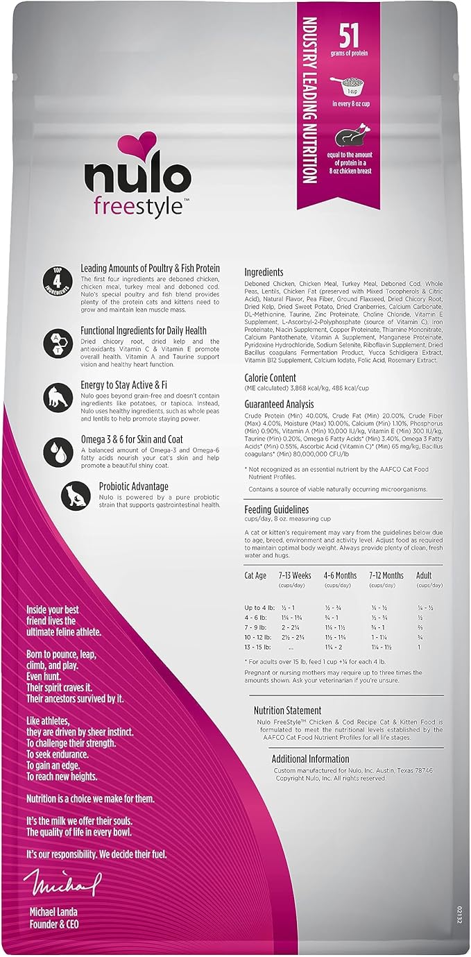 Nulo Freestyle High Protein Cat & Kitten Food, Chicken & Cod Recipe - Natural Grain-Free Dry Cat Food with Omega Fatty Acids & Probiotics, 2 lb Bag