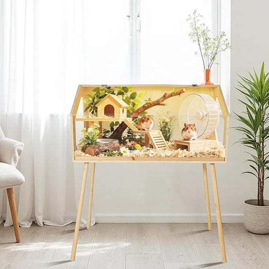 Wooden Hamster Cage with Legs, 32" L x 16" W x 40" H Guinea Pig Cages Chew Proof,Large Hamster Habitats Enclosure with Acrylic Window & Openable Top for Guinea Pig, Chinchilla, Gerbil