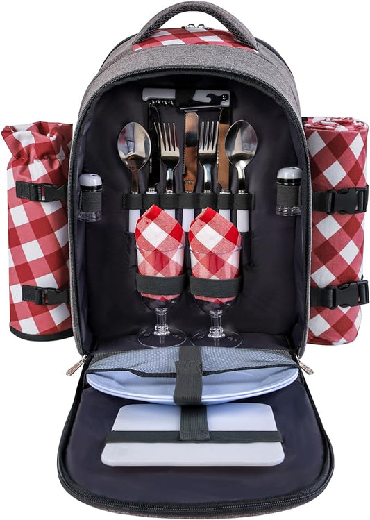 apollo walker Picnic Backpack Bag with Cooler Compartment, Detachable Bottle/Wine Holder, Fleece Blanket, Plates and Cutlery Set (2 Person, Gray)