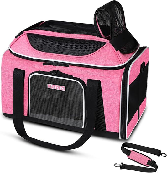 Petskd Top-Expandable Pet Carrier 18x11x11 Inches Delta American United Airline Approved, Soft-Sided Carrier for Small Cats and Dogs with Locking Safety Zippers and Anti-Scratch Mesh(Pink)