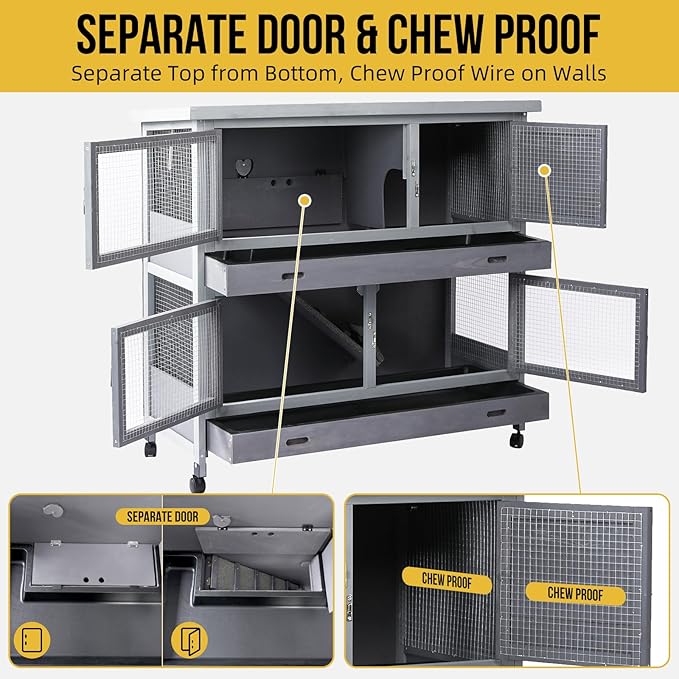 Rabbit Hutch Bunny Cage Indoor Outdoor with Wheel Deeper Tray Chew Proof Guinea Pig Cages 2 Decks Large Rabbit House with 4 Wooden Doors Weatherproof 41.3" L*17.3" W*41.3" H
