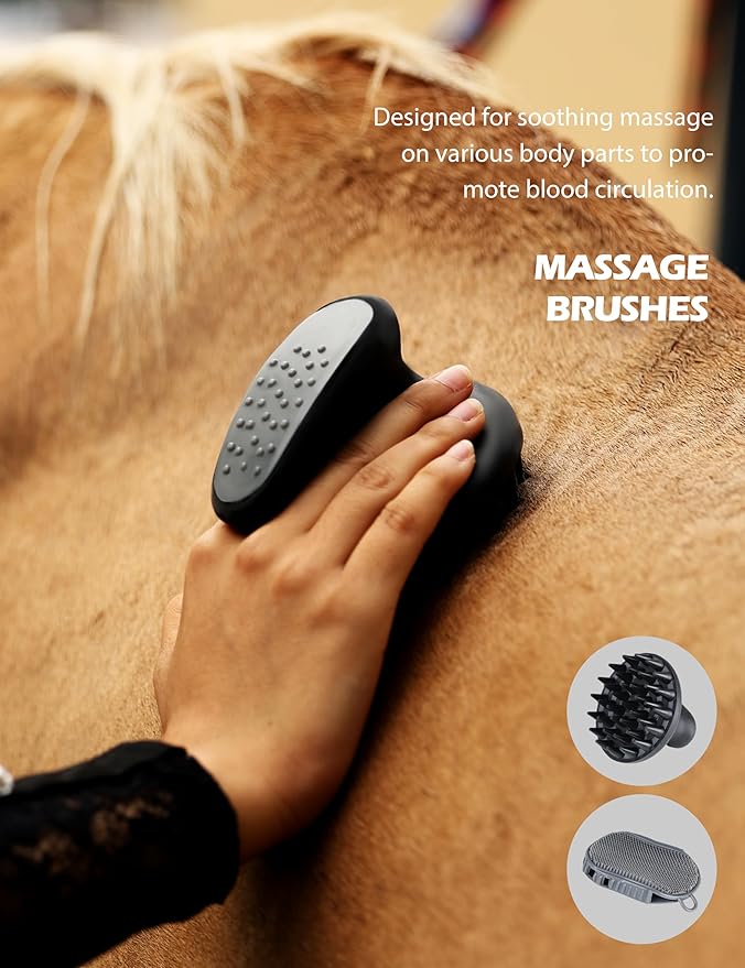 Harrison Howard Horse Grooming Kit 11-Piece Equine Care Series Horse Brush Sets with Organizer Tote Bag Tack Room Supplies Shedding Grooming Massaging Tools Black Brushstroke Ponies