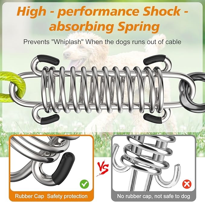 Tresbro 10 FT Dog Tie Out Cable with Spring, Shock Absorbing Tether Chains for Outside Aavilable in 10/15/20/25/30/40/50/70/100/120 FT, Heavy Duty Leads for Yard for Medium & Large Dogs Up to 500 LBS