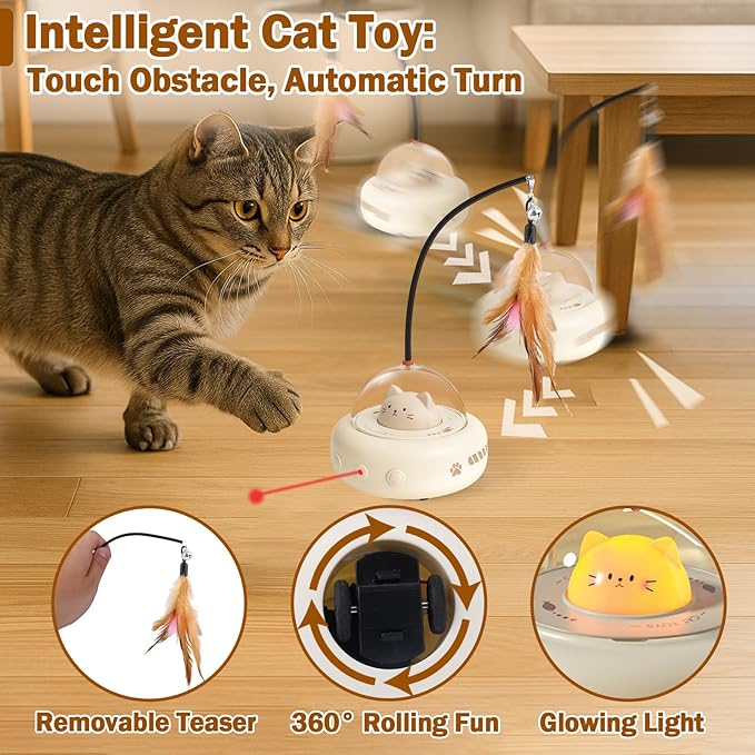AIERSA Interactive Cat Toys for Indoor Cats, Automatic Enrichment Toy with LED Light and Feather for Cats and Kittens, Moving Self Play Stimulation Toy for Cat Lover Gifts