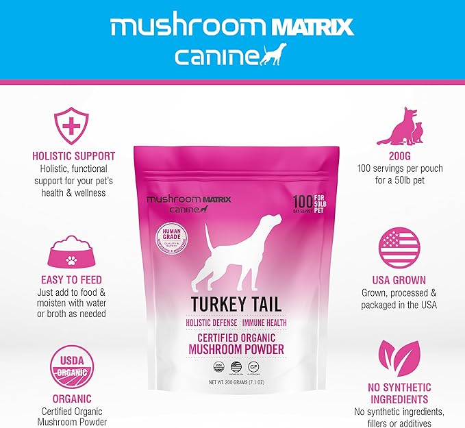 Om Mushroom Matrix Turkey Tail Mushroom Pet Supplement Powder, Provides Immunity Support & Holistic Defense for Dogs & Cats, 200 Grams, 7.1 oz