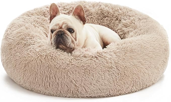 Love's Cabin Calming Dog & Cat Bed, Anti-Anxiety Donut Round for Indoor Cats, Small Medium Dogs, Fluffy Warming Pet Bed, Beige Taupe 20"/24"