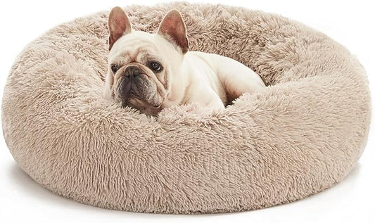 Love's Cabin Calming Dog & Cat Bed, Anti-Anxiety Donut Round for Indoor Cats, Small Medium Dogs, Fluffy Warming Pet Bed, Beige Taupe 20"/24"