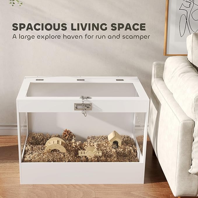 PawHut Hamster Cage with Openable Top & Lock, Transparent Acrylic Panels Small Animal Habitat with Hut, Seesaw, Ladder, for Dwarf Hamster Gerbil, 31.5" x 20" x 23", White