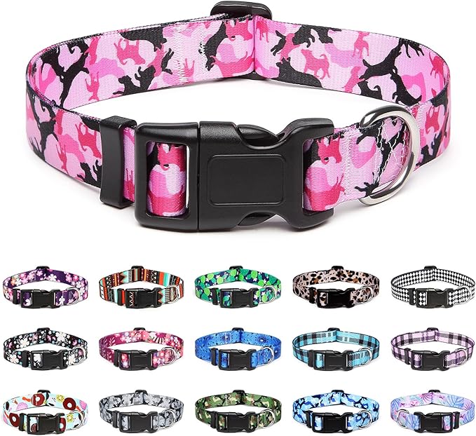 Mercano Adjustable Dog Collar - Special Design Patterns, Soft Nylon Comfortable Durable Pet Collar for Small Medium Large Dogs (S, Dog Camouflage Pink)