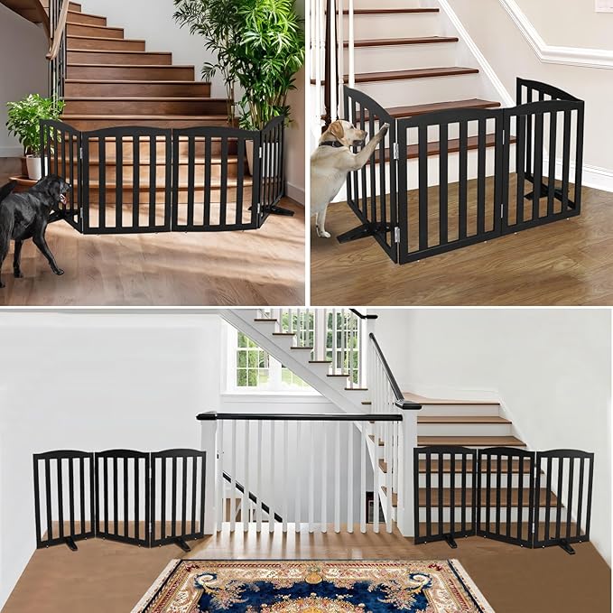ZJSF Foldable Freestanding Indoor Dog Gate for House Wood Long Pet Gates Dog Fence for Stairs Puppy Gates for Hallways, Puppy Gate,Support Feet Included, Black, 32 "Height-4 Panels
