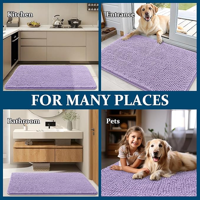 OLANLY Dog Door Mat for Muddy Paws 59x20, Absorbs Moisture and Dirt, Absorbent Non-Slip Washable Doormat, Quick Dry Chenille Mud Mat for Dogs, Entry Indoor Entryway Carpet for Inside Floor, Lavender