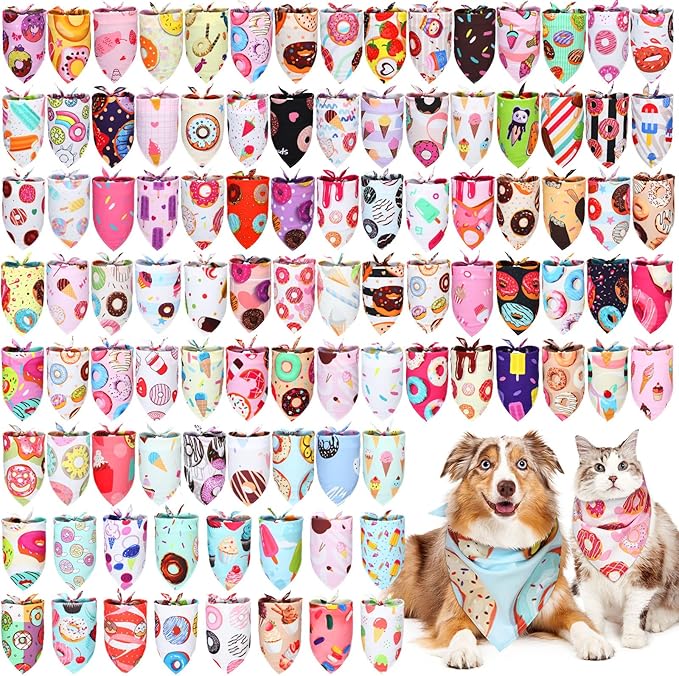 100 Pcs Dog Bandanas Bulk Pet Bibs Colorful Triangle Scarf Pet Bandanas for Medium Large Dogs Spring Summer Birthday Costume Decoration (Donut)