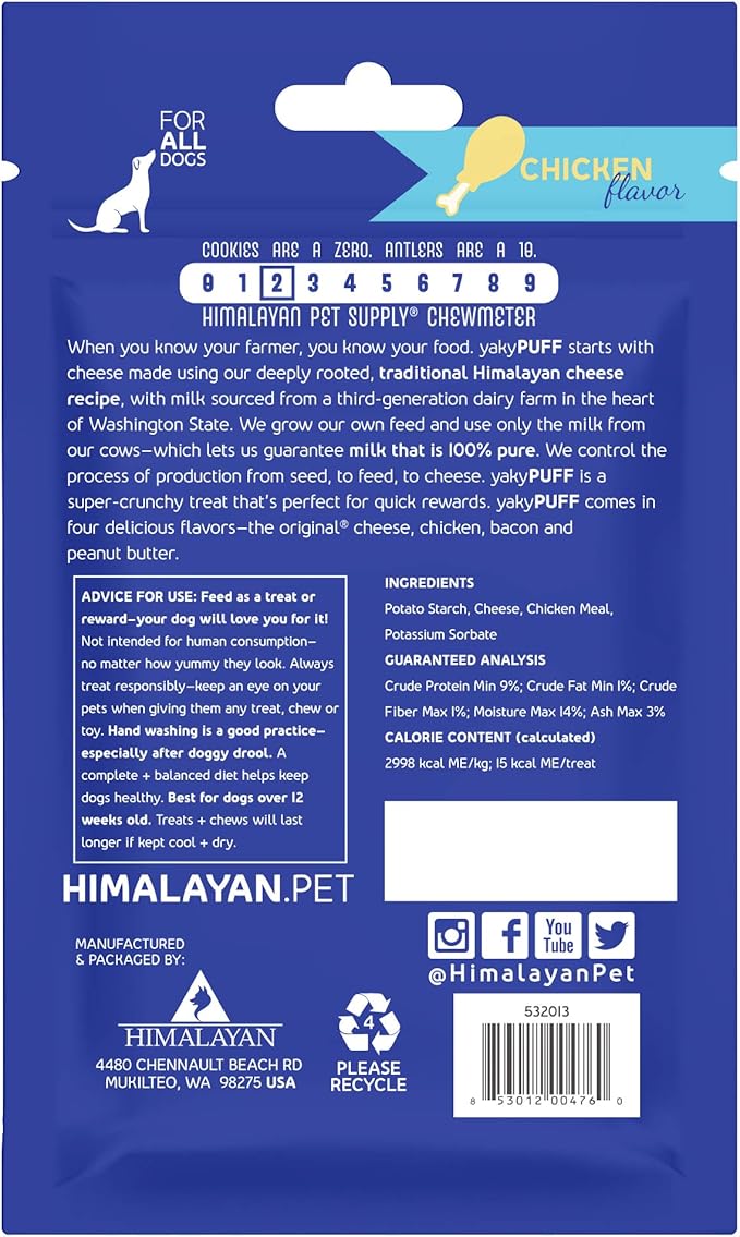 Himalayan Dog Chew Yak Cheese Treats, 100% Natural, Long Lasting, Gluten Free, Healthy & Safe, Lactose & Grain Free, Protein Rich, Chicken Flavor Flavor Crispy Puffed Treat, For All Breeds, 9.9 oz