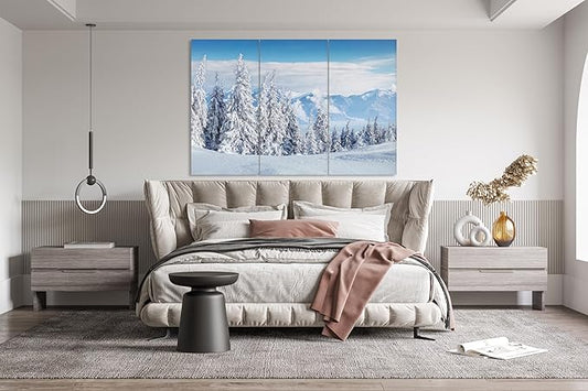 Nature Wall Art Prints - Ocean Forest Mountain Lake Canvas Landscapes - Small to Extra Large Living Room Bedroom Kitchen Bathroom Décor (Snow Covered Trees on Mountain, 35L" x 53W" - 3 Panels)