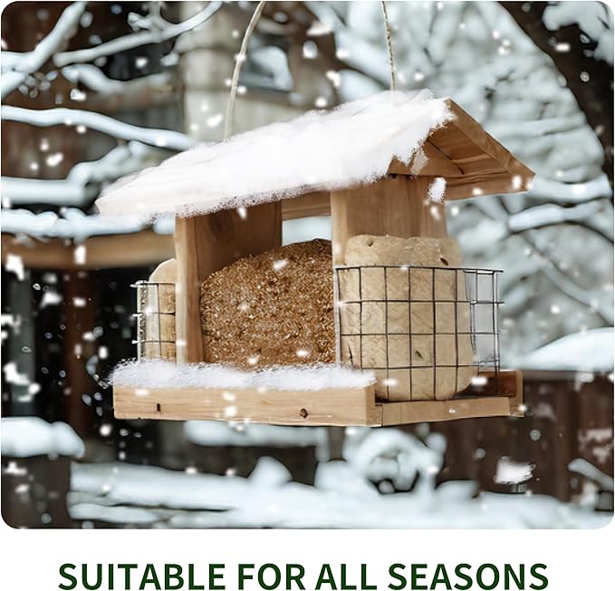 Solution4Patio US Cedar Hopper Bird Feeder for Outdoors Hanging, Handcrafted Wood Double Suet Cage & Clear View Windows, Squirrel-Proof Wild Bird Feeder for Cardinals, Finches, Chickadees
