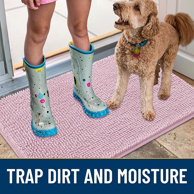 Smiry Dog Door Mat for Muddy Paws 36x24, Absorbs Moisture and Dirt Doormat, Non-Slip Washable Quick Dry Chenille Front Door Mat Indoor Entrance, Entryway Carpet for Inside Floor, Dusty Rose