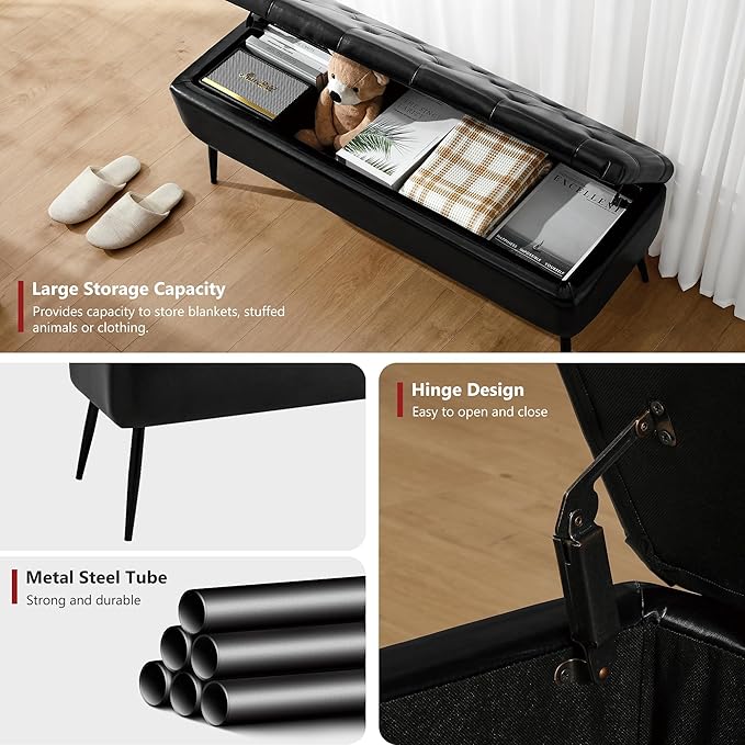 Leather Storage Ottoman Bench,End of Bed Bench for Living Room Bedroom Dinning Room Entryway,Mid-Century Modern,Faux Leather,with Steel Legs,Safety Hinges, Loads 660 lb (with Button, Black)