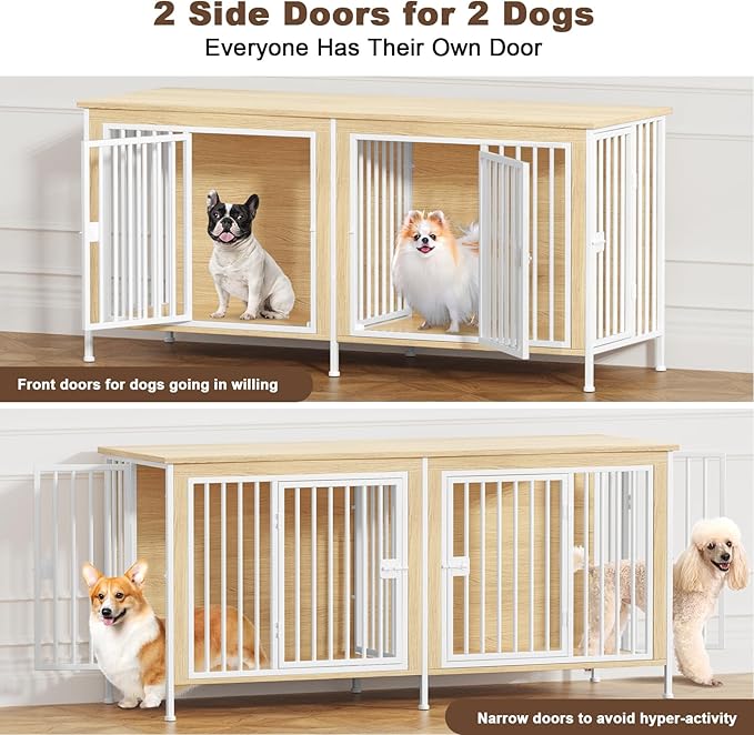 EasyCom 63" Dog Cage Furniture for 2 Pets with Divider, XL Wooden Double Dog Crate Furniture TV Stand for Mideum Breed, Durable and Sturdy
