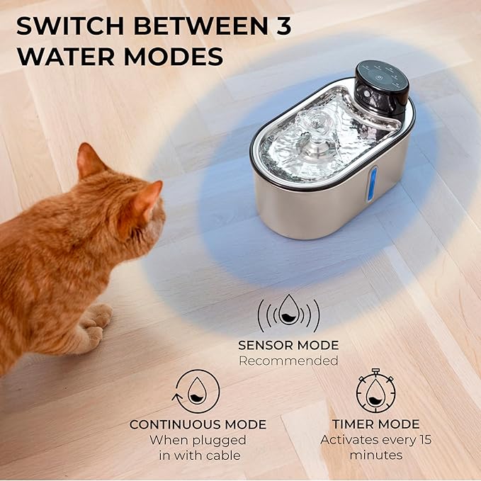 Wireless Cat Water Fountain Stainless Steel, 5200mAh Battery, Ultra Quiet, Automatic Pet Water Dispenser, 108oz/3.2L, Two Flow Modes, BPA-Free, Multi-Filtration, Includes 2 Filters - White