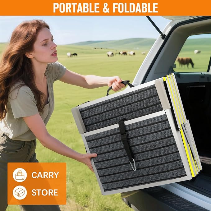 Reflective 20" Wide Dog Car Ramp, 4-Step Aluminum Stairs with Non-Slip Carpet - Foldable Design for Trucks/SUVs/Beds - Heavy Duty 200Lbs Capacity for Large Breeds