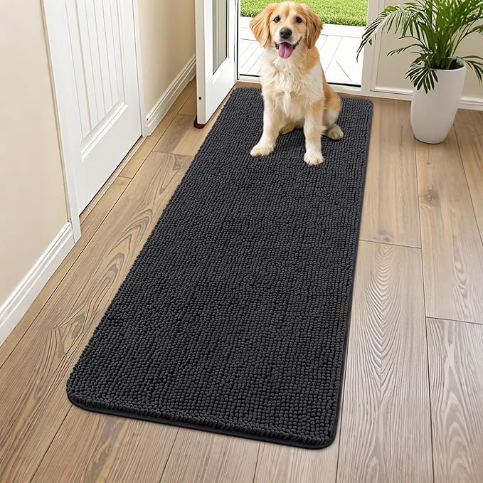 Smiry Dog Door Mat for Muddy Paws 59x24, Absorbs Moisture and Dirt Doormat, Non-Slip Washable Quick Dry Chenille Front Door Mat Indoor Entrance, Entryway Carpet for Inside Floor, Black
