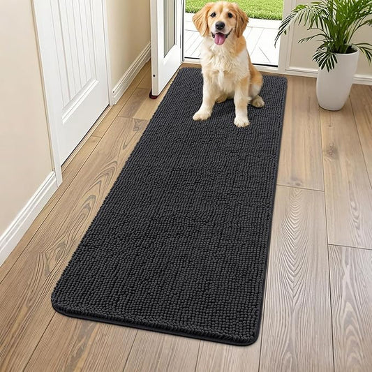 Smiry Dog Door Mat for Muddy Paws 59x24, Absorbs Moisture and Dirt Doormat, Non-Slip Washable Quick Dry Chenille Front Door Mat Indoor Entrance, Entryway Carpet for Inside Floor, Black