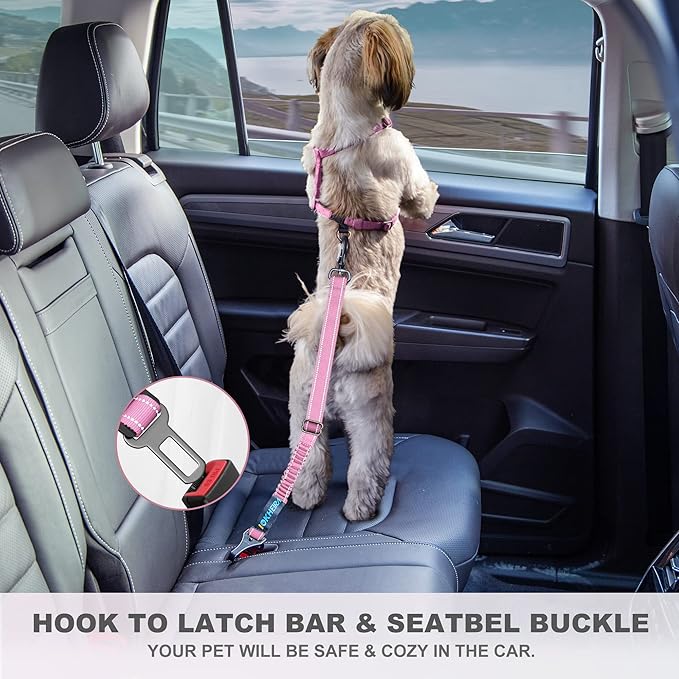 IOKHEIRA Dog Seatbelt - Adjustable Reflective Bungee Harness with Aluminum Swivel Carabiner