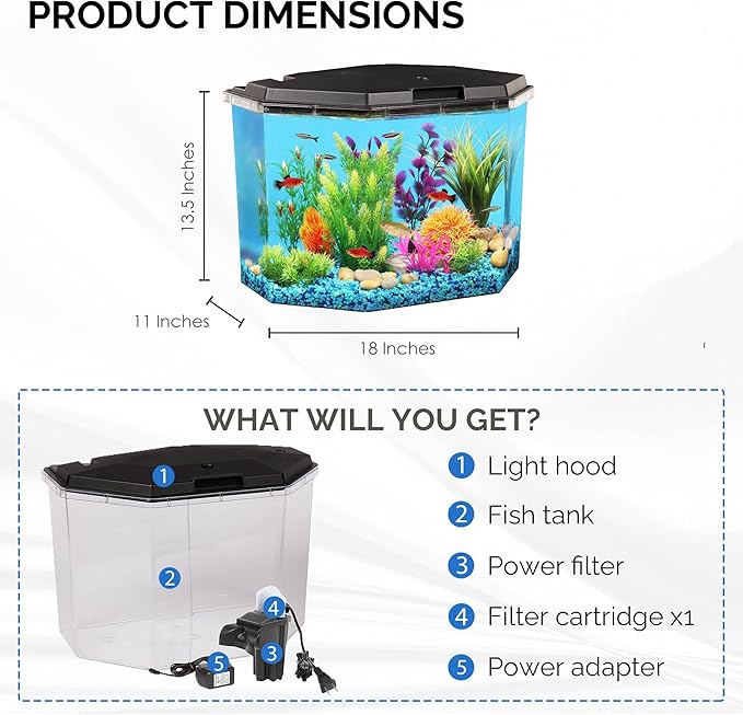 Koller Products 6.5-Gallon Aquarium Kit with Power Filter and LED Lighting, (AP650)