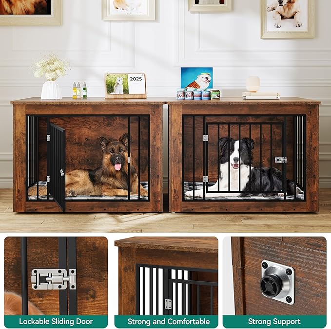 YITAHOME 76 Inch Double Dog Crate Furniture, XXL Dog Crate Furniture for 2 Dogs, Side End Table, Waterproof, Safety Corners, 2-in-1 Iron-Wood Fusion Dog Kennel Furniture for 2 Large Dogs,Rustic Brown